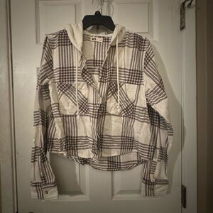 SO Cream and Brown Plaid Hooded Shirt